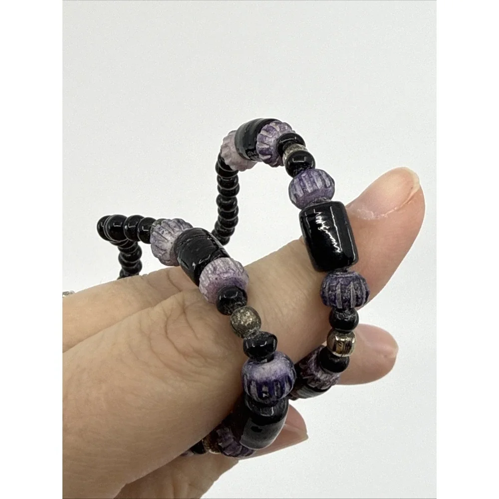 Artisan Made Amethyst Black glass beads Silvertone Hook Closure‎ Native American